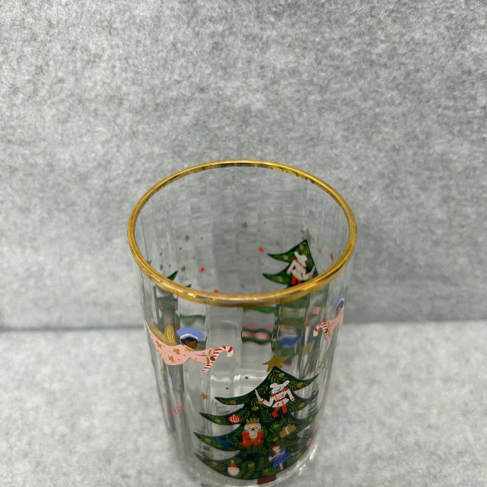 Rifle Paper Co for Anthropologie Nutcracker Juice Glass Set of 4 Gold Rim Fluted